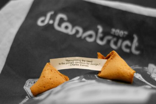 Fortune cookie with design wisdom and dConstruct 2007 bag