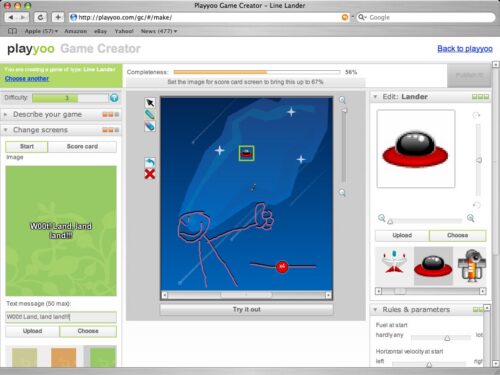 Screenshot of a Line Lander game in progress in the Playyoo Game Creator
