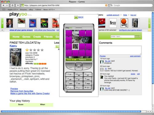 Screenshot of my lolcats pairs game on Playyoo